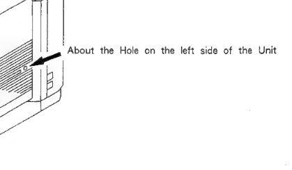part of a service manual, with an arrow stating 'About the Hole on the left side of the Unit' for some reason, and not just a header for the paragraph below the image.